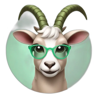 a sexy goat with mint green round glasses and a green dress with a black heart on it and rosy cheeks, and brownish-pink horns, and some ears that hang of the side sticker