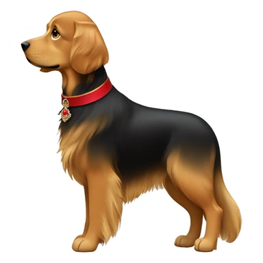 mujer morena de pelo largo y liso color castaño oscuro y un perro golden retriver negro con collar rojo de broche sticker