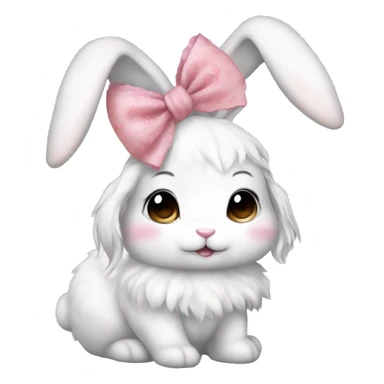 coquette aesthetic, fluffy white bunny with its eyes closed, wearing a pretty pink hair bow with white lace on top of its head between its ears sticker