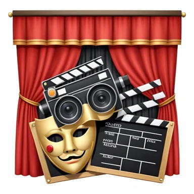 Icon for Acting in Theatre and cinema: a stage with curtains, a theater mask, a film camera and a clapperboard. The design should represent theatrical performance and acting techniques. Transparent background. sticker