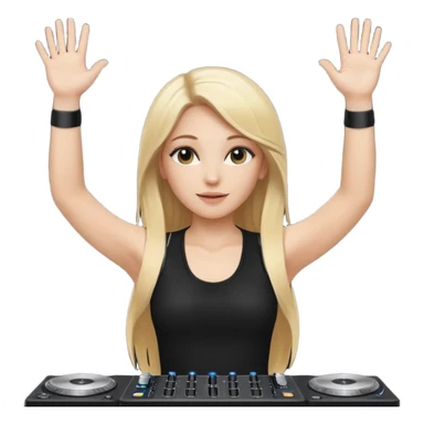 I want a white female dj animated gif emoji with long straight centre parting blonde hair putting hands up in the air. Wearing a black tight top with no sleeve sticker