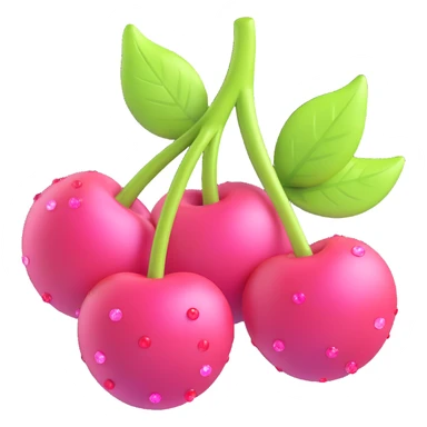 Enhance the cherries and leaves to be even more three-dimensional and voluminous in the 3D iOS emoji style. Keep the glossy finish, pink watercolor-like circles in the background, and sparkles around. Preserve the composition and details from the reference image. sticker