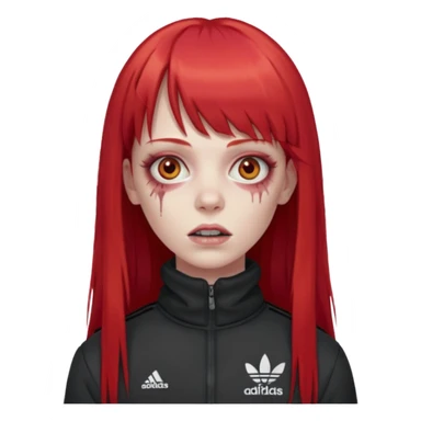 Crie um emoji de uma menina zumbi  com o cabelo vermelho longo com uma franja reta casaco de gola alta da adidas sticker
