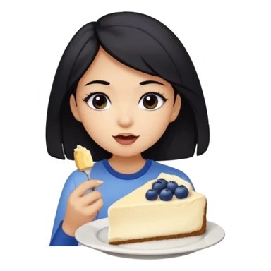 a black haired girl with black eyes, and krem shirt eating a piece of cheesecake with blueberry on top of it sticker