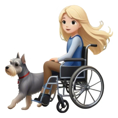 A girl in a wheelchair, rolling away into a path as her long blonde hair cascades behind her and a miniature schnauzer follows along the place has sunlight coming through the trees and leaves falling as though as early fall sticker
