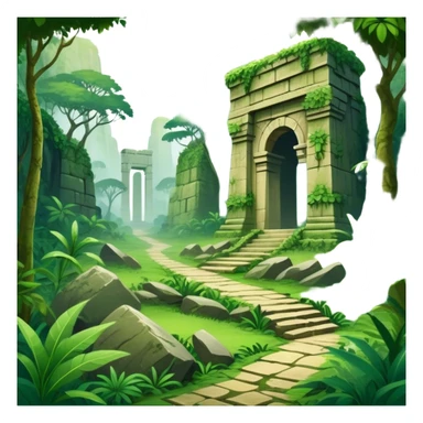 Icon for Adventure Movie: A vintage movie poster-style design with a jungle clearing path, dense foliage surrounding it. In the distance, ancient ruins peek through the trees. The atmosphere is mysterious and adventurous, with soft light cutting through the trees. Transparent background. sticker