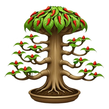 Very Large decorative gnarled alien-futuristic multi-tier space-efficient seeding plant rack, which holds bonsai tiny hot pepper plants, constructed from mud sticker