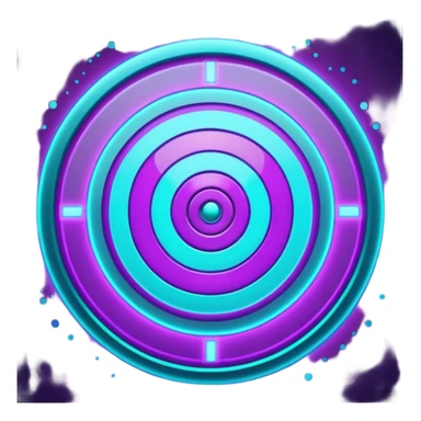 Futuristic glowing bullseye target emoji, neon purple and cyan holographic glow, dark background, digital tech style, abstract sparkles, no face. sticker