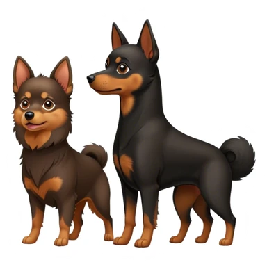 Doberman Pinscher and Pomeranian Spitz standing side by side. The Doberman has a sleek black and tan coat with alert ears, while the Pomeranian has a fluffy orange coat and a joyful expression. Beautiful natural background, with a clear blue sky and green grass. Transparent background. sticker