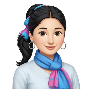 generate a pretty bratz emoji that looks like Kareena Kapoor's Geet character. 
Make her wear a white shirt with a colorful blue-pink scarf wrapped around her neck. smiling big. Black hair tied into a side part ponytail, silver hoops and no necklace

She should look exactly  like Kareena Kapoor sticker