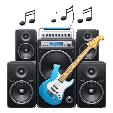 Icon for R&B Music Listening: large concert speakers and headphones with waves of musical notes coming out, along with an electric guitar, bass guitar, drum kit, and synthesizer, saxophone. The icon should convey the energetic and rhythmic vibe of R&B music. Transparent background. sticker