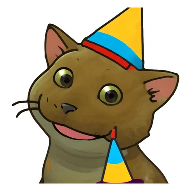 ginger tabby kitten at a birthday party, smiling, with cake, balloons, and wrapped gifts sticker