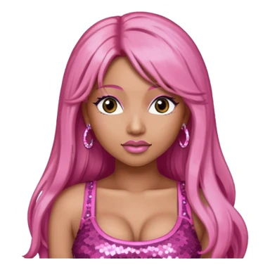 Nicki Minaj with long pink hair, pink sequin crop top, dark brown eye sticker