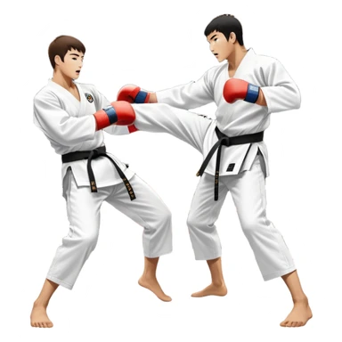 Two taekwondo fighters in traditional white doboks with black belts. One delivers a powerful kick, while the other defends by blocking with his knee. The background shows a professional arena with bright lights and an excited crowd. Transparent background highlights the intense action sticker
