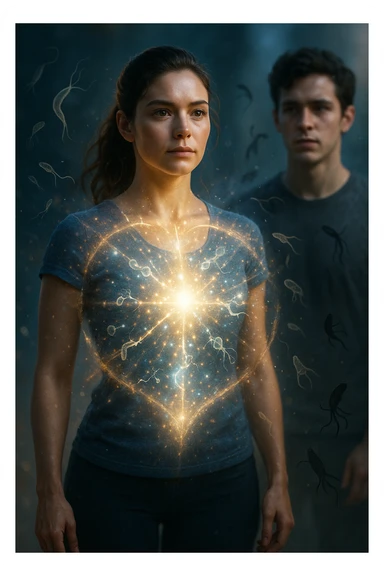 A hyper-realistic, cinematic image showing a young woman with a glowing, radiant aura symbolizing a very strong immune system. She stands confidently, surrounded by a dynamic shield of light particles and molecular energy swirling around her body, especially focused around her abdomen and chest. Against this luminous barrier, faint translucent representations of parasites—small worm-like and protozoan shapes—attempt to approach her but are visibly repelled or disintegrating upon contact with the shield. Nearby, a young man representing her boyfriend is shown with subtle, shadowy parasite silhouettes near him, some reaching toward her but unable to penetrate her immune defenses. The background is softly blurred to keep the focus on the energetic battle at the forefront, with cool blues and warm golds contrasting to symbolize health, vitality, and defense. The lighting is dramatic yet hopeful, with a cinematic 35mm film style emphasizing sharp detail on her determined face and the swirling protective energy. The overall tone conveys resilience, protection, and the unseen battle inside the body. sticker