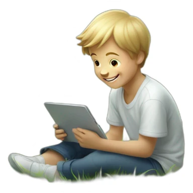 Portray the innocence of a white child sitting on grass, his behind is house, captivated by a tablet, with a beaming happy face that radiates wonder and delighted. sticker