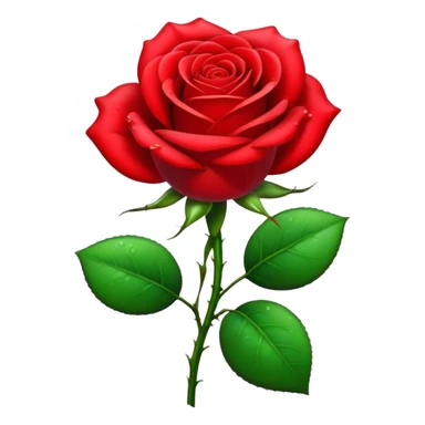 Cinematic Realistic Rose Emoji, Elegant and full of grace, with velvety, deep red petals unfurling in a perfect bloom, dew drops glistening on the soft edges, and a faint fragrance hanging in the air. The lush green leaves surround the stem, creating a vibrant contrast to the rich color of the petals. Soft glowing outline, capturing the essence of timeless beauty and romance in a single bloom. sticker