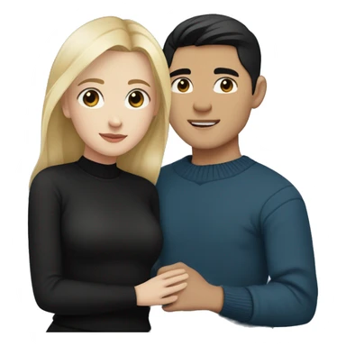 Blonde girl with blue eyes in black sweater and an east asian with light skin man with black hair and black eyes hugging sticker