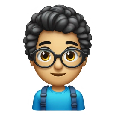 Niño 6 años pelo degradado en los lados, con flequillo recto y por detrás pelo largo negro,. Piel con tono normal, es español. Gafas Y2K (de tecno) grandes con los cristales azules. sticker