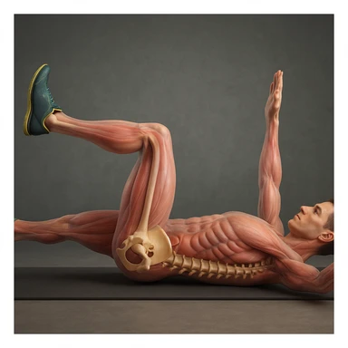Create a hyperrealistic 4K anatomical side view of a man lying on the ground in the dead bug position as in the reference image. Highlight the pelvis bones and spine in 3D with realistic anatomical details. Show translucent muscles and skin to reveal the skeleton beneath. The atmosphere should be medical and detailed. sticker