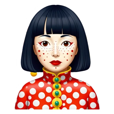 Yayoi Kusama – Cinematic Realistic Portrait of Yayoi Kusama, depicted as an avant-garde artist with an eccentric, captivating expression surrounded by her iconic polka dot patterns, rendered with vivid textures and imaginative lighting that evokes her unique, surreal creative world. sticker