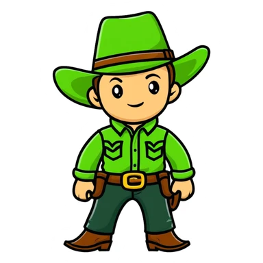 Cartoon cowboy with bright green outfit and matching green cowboy hat, western style sticker