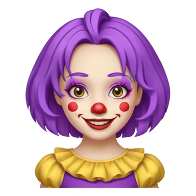 Clown girl with the human style. Has a purple wig, simple makeup, and a yellow dress sticker