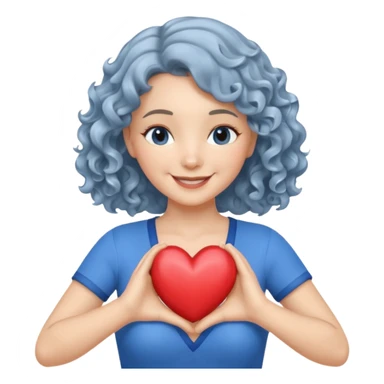 silver, wavy/curly hair chin-length lady giving hug with 2 arms, blue v-neck and smilingm add a heart sticker