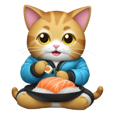 cat wearing a puffy jacket eating sushi sticker