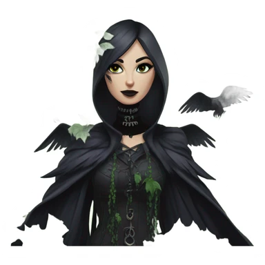 the morrigan goth woman version vines style furr robe stylish boots, perfect eyes, raven on hand, green vines decor on ground sticker