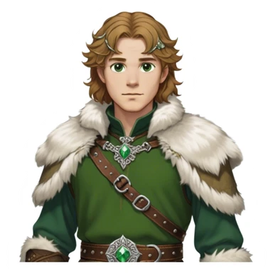 Medieval winter outfit worn by a DnD themed fantasy male character. Heavy olive green wool tunic with lynx fur collar, secured with ornate silver fastenings and a thick embossed leather belt. Clothes only above the waist, full waist coverage. The character has no arms. Character is white-skinned with golden brown hair, forest green eyes, and shoulder-length wavy hair with ice-crystal highlights. sticker