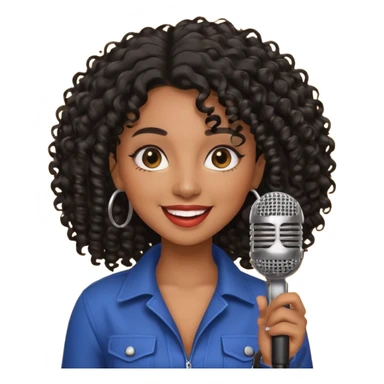 brown skin woman, curly black hair, singer, hold micro sticker