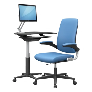 3D minimal icon of a height-adjustable motion desk with a modern ergonomic office chair, featuring a subtle accent in #FF3D00. Clean, high-end, and modern style. sticker