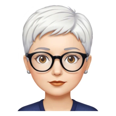 White woman with short pixie white hair glasses brown brows sticker