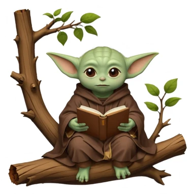 Baby Yoda con su tunica chocolate leyendo en un bosque sentado en una rama caida de un arbol sticker
