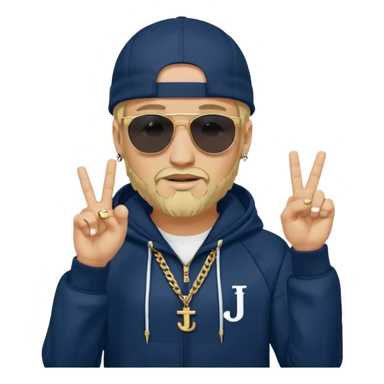 The French rapper Jul. Light skin, trimmed beard, dark navy tracksuit with hood, backwards cap, black sunglasses. Blond hair. both index and middle fingers pointing downward, forming a "J and L" shape. Gold chain and a smirk. Look evoke a Marseille urban vibe. sticker