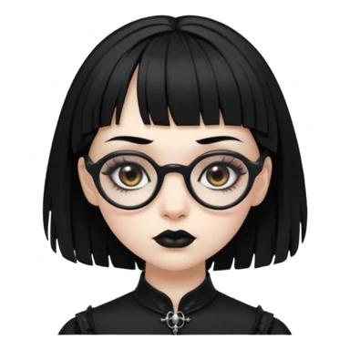Faça uma moça de cabelo preto micro franja e penteado gótico pálida e com maquiagem gótica pesada olhos castanhos escuro e óculos  sticker