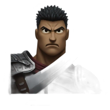 angry berserk guts carrying a huge sword on his shoulder framed on his bust sticker