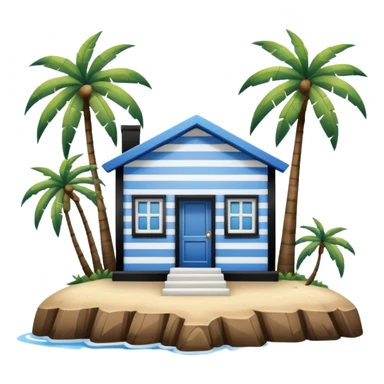 A square white and blue stripe house horizontally with wooden door on a island with palm trees sticker