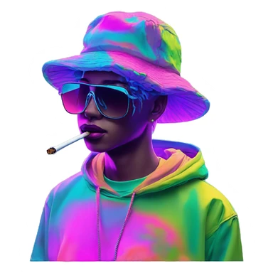 Multicoloured neon Vaporwave person smoking wearing hoodie dancing hip hop bucket hat tropical Skater fashion aesthetic baggy clothes graphic t shirt 420 sticker