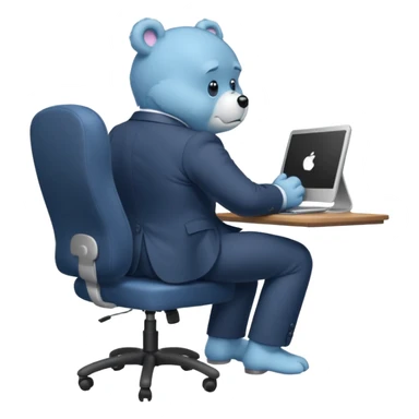 Care bear sad in suit back view, sit on a chair, working on a computer, with a big desk sticker