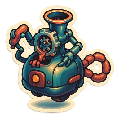 sausage-processing droid. retro-futuristic style. top is a circular industrial meat grinder with rotating gears and blades. Two robotic arms feed material into grinder. Sausage links extrude from the rear like  factory. The body is metallic, compact, and floats above the ground.no legs. Dark humor sticker
