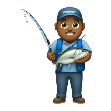 husband holding fishing rod with blue fishing line hooked tuna sticker