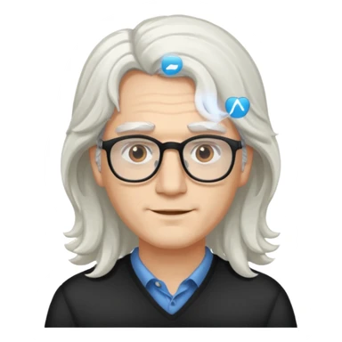 young pc tech guy with long wavy white hair, brown eyebrows sticker