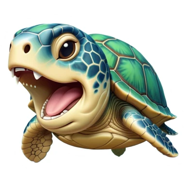 Cinematic Cute Yawning Sea Turtle Portrait Emoji, Head tilted slightly with a dramatic, wide-open yawn, showcasing a stately, patterned shell and a smooth, aged body with sleepy, half-closed eyes, Simplified yet irresistibly adorable features, highly detailed, glowing with a soft, cozy oceanic glow, high shine, relaxed yet expressive, stylized with a dash of whimsical marine charm, soft glowing outline, capturing the essence of a drowsy yet affectionate sea turtle that appears ready to stretch out for a nap! sticker