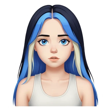 billie eilish long black hair, blue eyes dark eyeliner makeup, wearing white singlet sticker