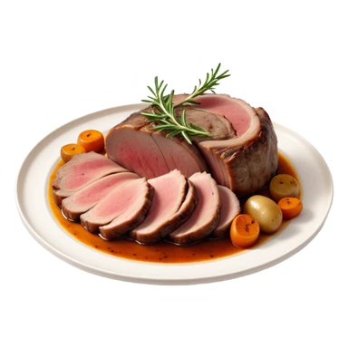 Roast Lamb Cinematic Realistic Roast Lamb Dish Emoji, depicted as thinly sliced roast lamb arranged artfully on a plate, rendered with rich textures and warm, inviting lighting. sticker