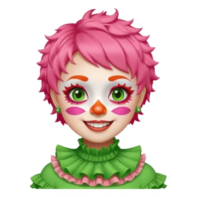 Bright green short hair.

White face paint with green eye makeup and a red nose.

Big wide smile.

Wearing a pink ruffled collar with an orange outfit. sticker