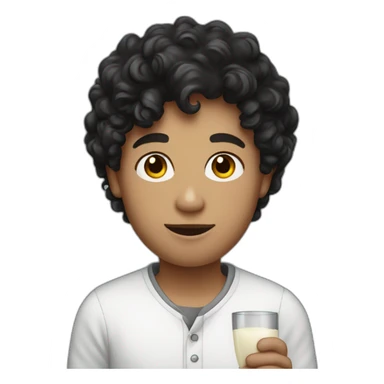 A pasty white teenage boy with dark black curly holding a wineglass of milk sticker