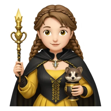 Helga Hufflepuff,the Hogwarts founder of Hufflepuff,brown-haired,2braids,yellow-black medieval dress with black cloak decorated with gold braiding,flickering magic wand and tiny two-handled shiny gold cup engraved with the badger silhouette,very kind smile,curvy busty sweet sticker
